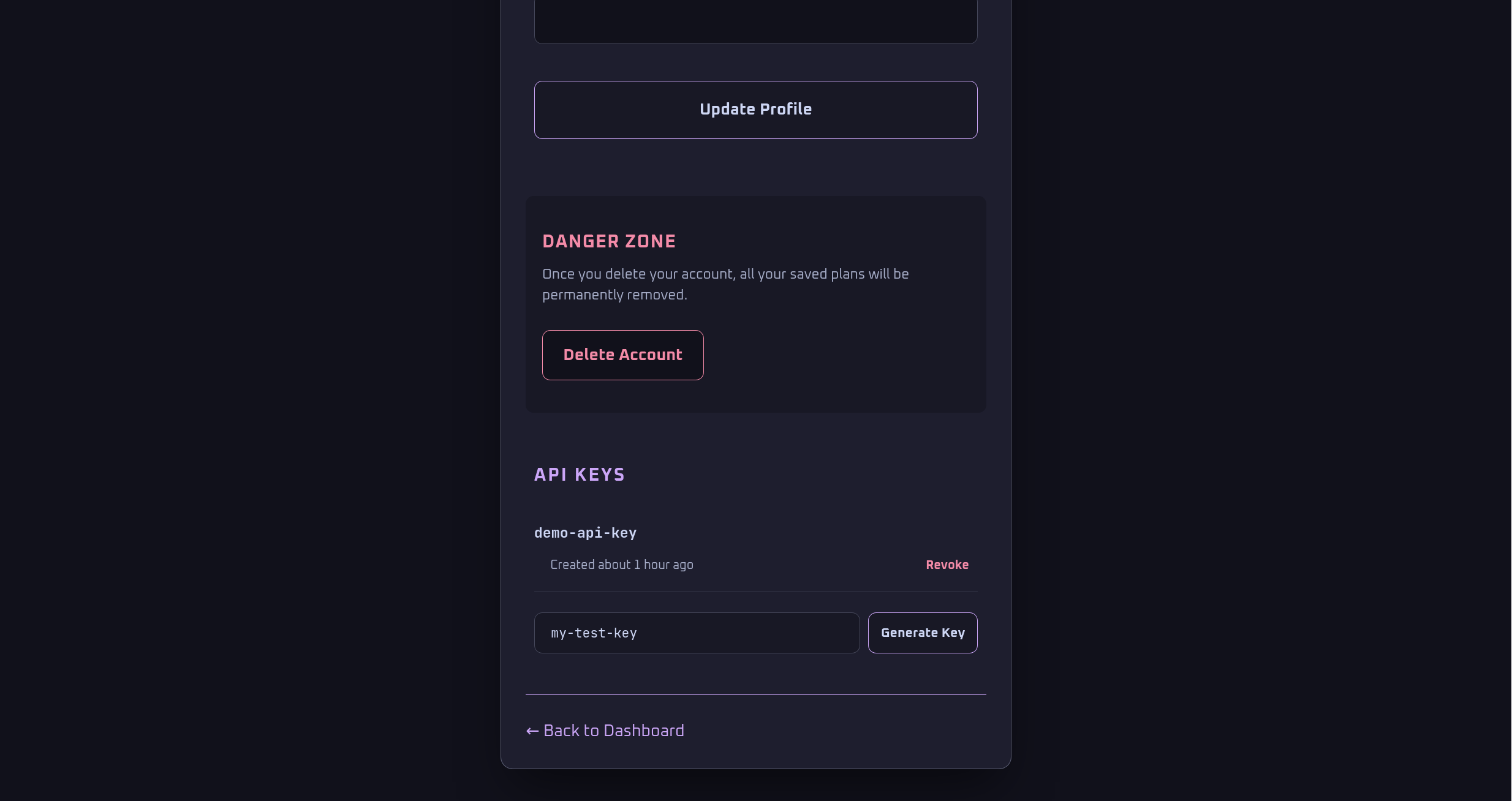 API Key Settings page