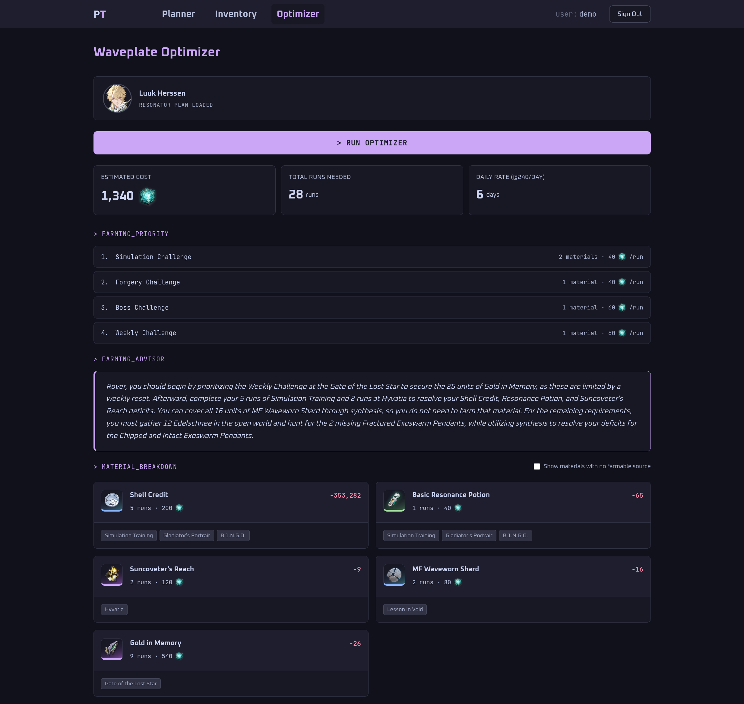 Farming Advisor recommendation on the Waveplate Optimizer page