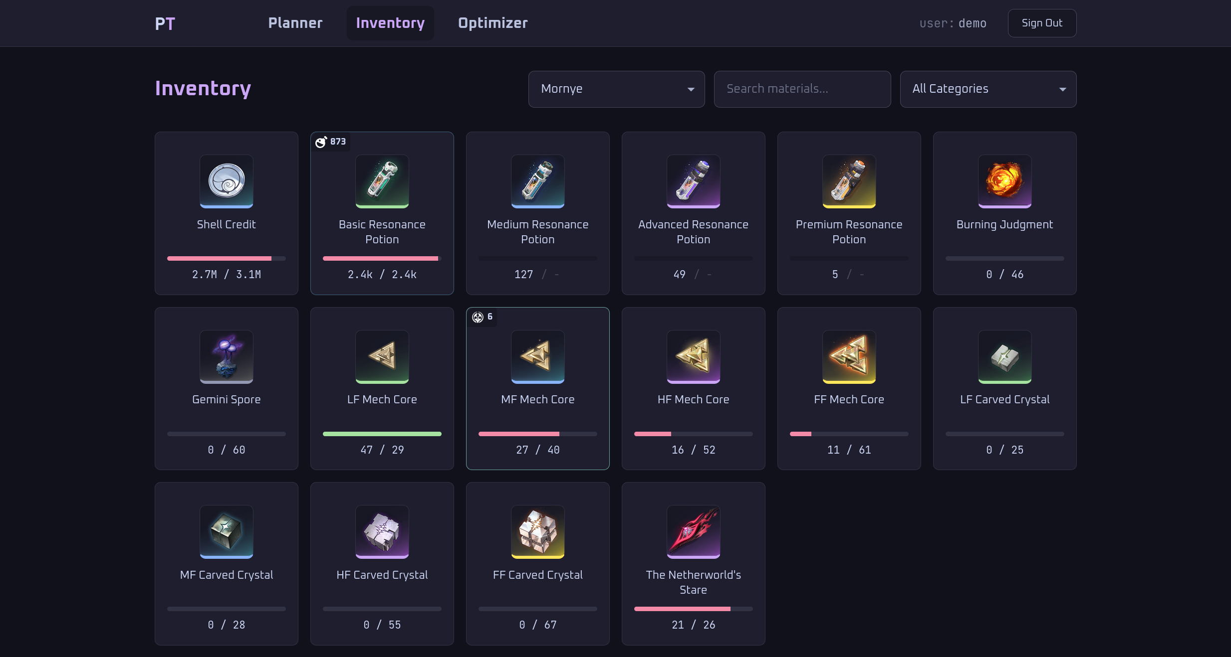 Inventory page with a plan selected showing reconciliation data