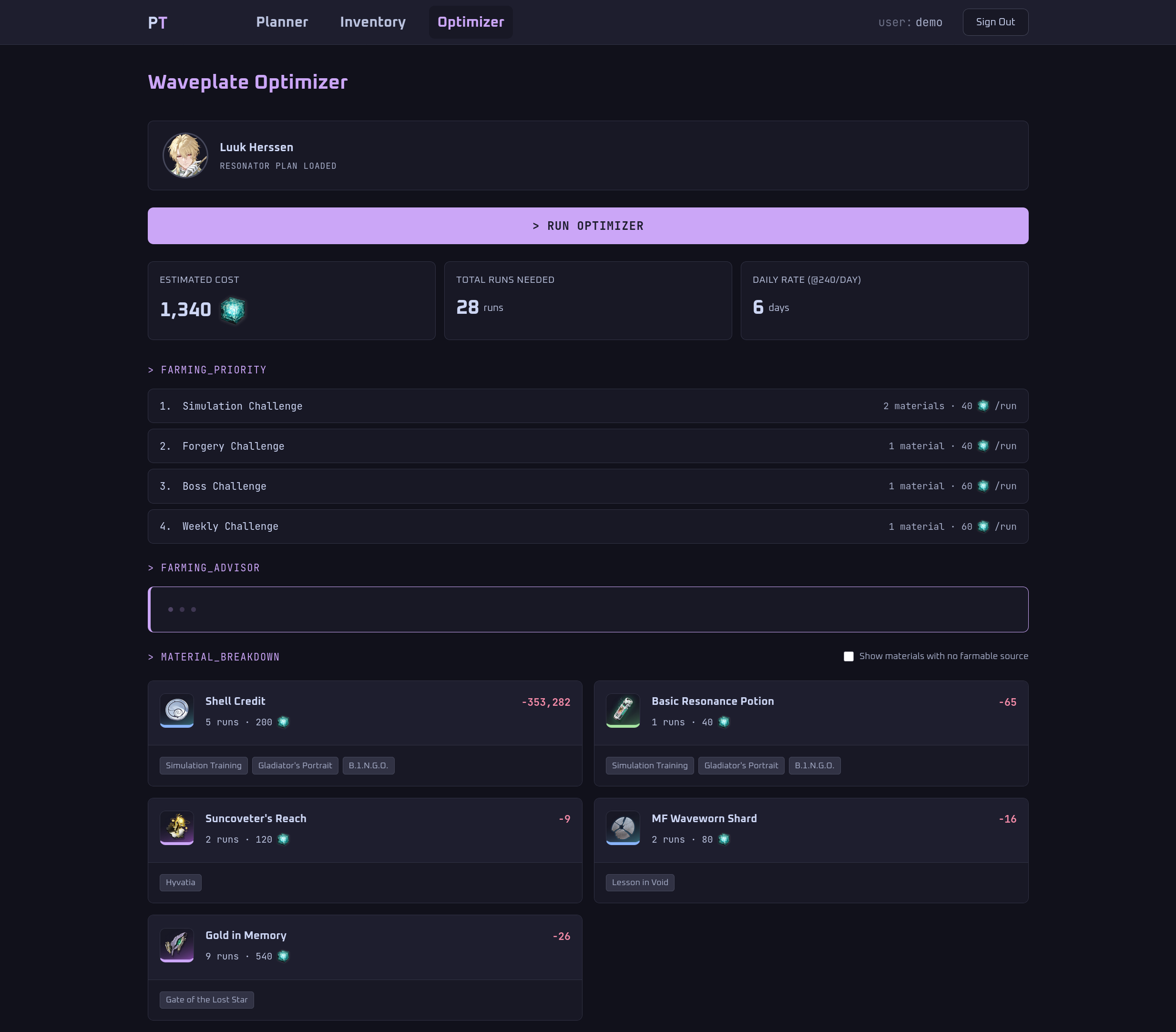 Waveplate Optimizer page showing farming priority and material breakdown